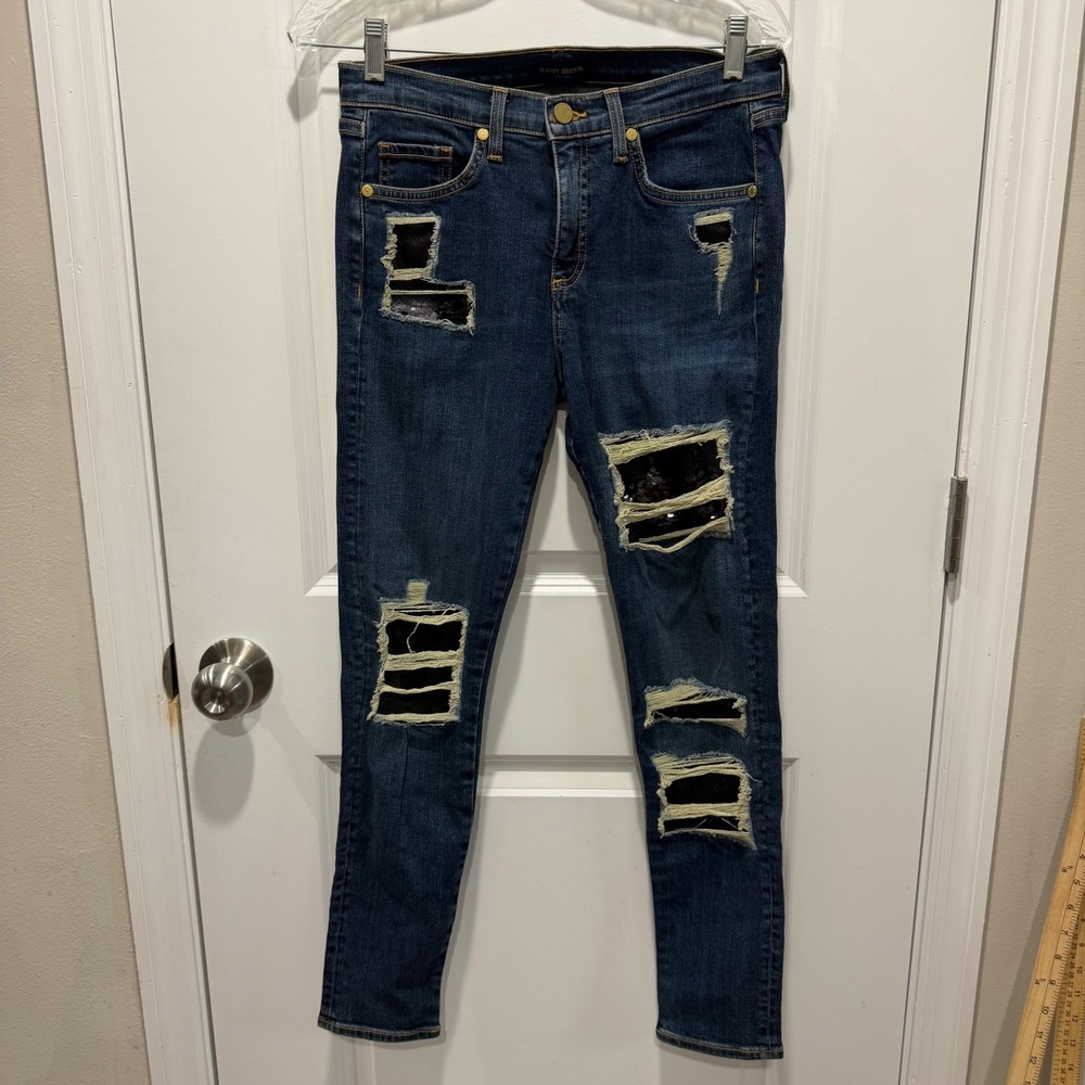 Ramy Brook Womens Skinny Jeans Distressed Sequin Patches Indigo 28